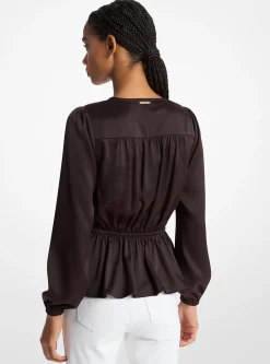 Crinkled Satin Long-Sleeve Top