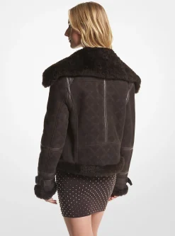 Empire Logo Embossed Suede and Shearling Flight Jacket