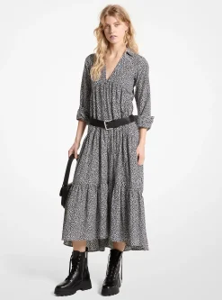 Leopard Print Cotton and Silk Tiered Midi Dress