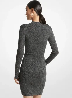 Metallic Ribbed Stretch Knit Mock Neck Dress