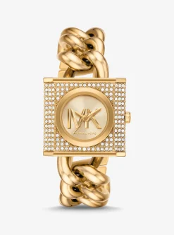 Mini Lock Pav&eacute; Gold-Tone Chain Watch