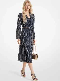 Polka Dot Georgette Tie-Neck Midi Dress