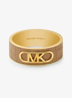 Precious Metal-Plated Brass and Crocodile Embossed Empire Logo Bangle
