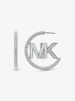 Precious Metal-Plated Brass Pav&eacute; Logo Hoop Earrings